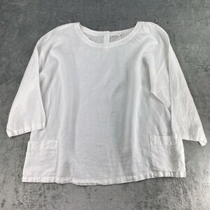 Eileen Fisher Shirt Womens XL White Catalan Linen Tunic Top Patch Pocket Buttons